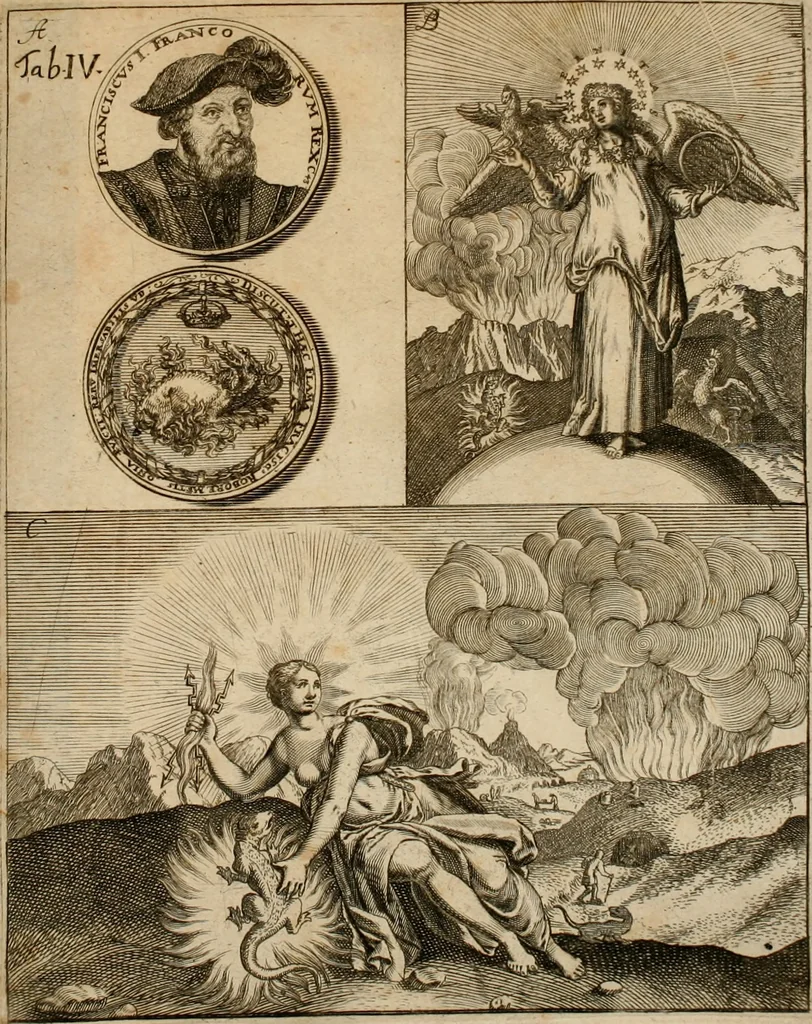 An illustration from Salamandrologia, h.e. Descriptio historico-philologico-philosophico-medica salamandrÃ¦ quÃ¦ vulgÃ² in igne vivere creditur, S.R.J. AcademiÃ¦ naturÃ¦ curiosis exhibita, 1683, leaf 164