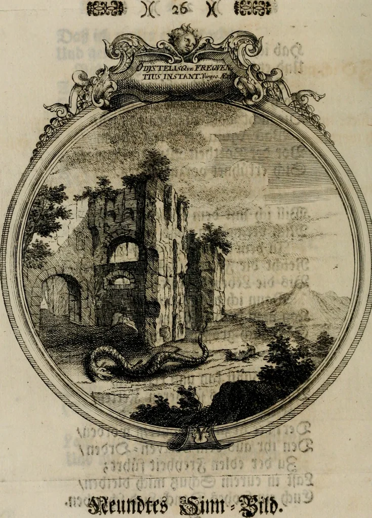 An illustration from Sammlung geist- und sinnreicher Gedancken uber verschiedene aus der Natur, Kunst, und Wissenschafften vorgestellte Sinn-Bilder : durch alle Gattungen der Hoch-Teutschen Reim-Kunst, theils zur Jugendsamen Lehr, und nutzlicher Gemüths-Ergötzung, theils zur angenehmen Gesang, 1749, leaf 77