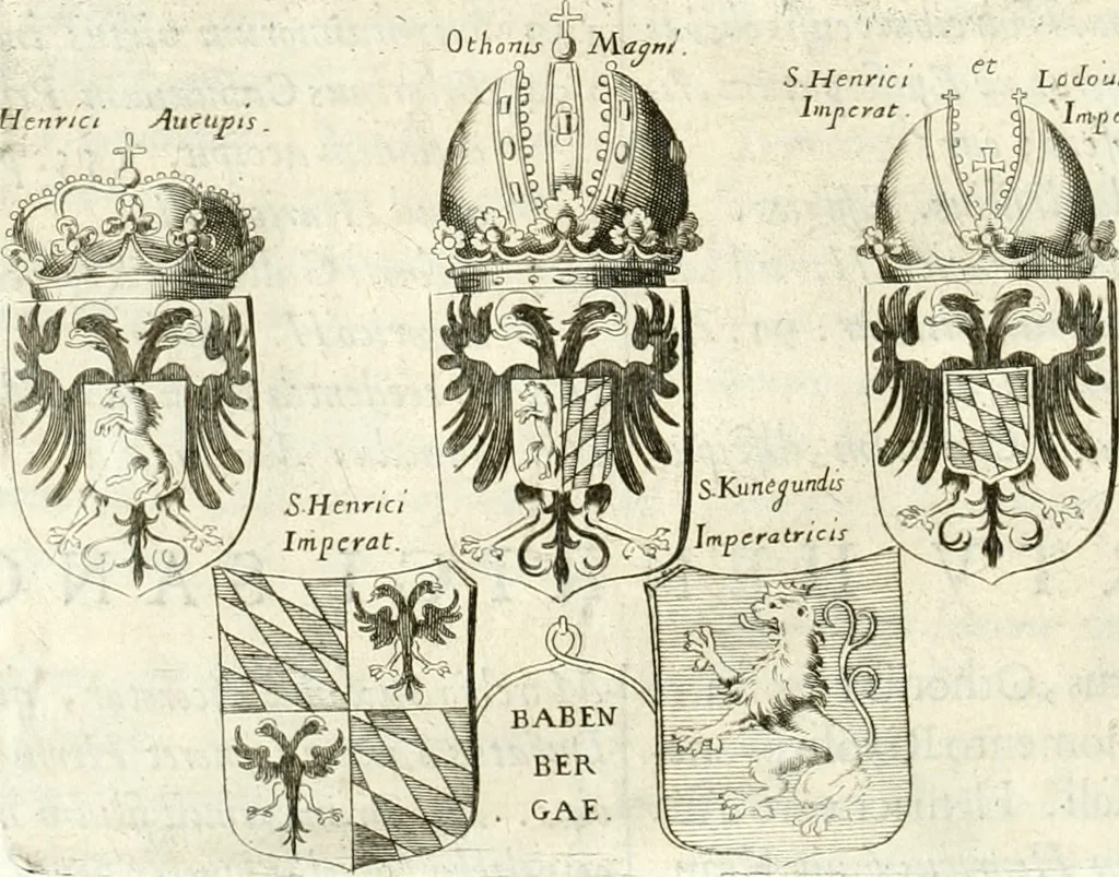 An illustration from Aquila sancta, siue Bauarica : elogiis, hieroglyphicis, numismatibus, insignibus, symbolis, imaginibus antiquis ad viuum exculpta, & longa historiarum serie exarata : vt nihil relictum sit, quod prisci, vel hodierni habeant annales, sed diplomata, leges, indulta, genealogiae, donationes, priuilegia offeruntur congesta : accedit tractatus sacrolegalis, & historicopoliticus ..., 1674, leaf 17