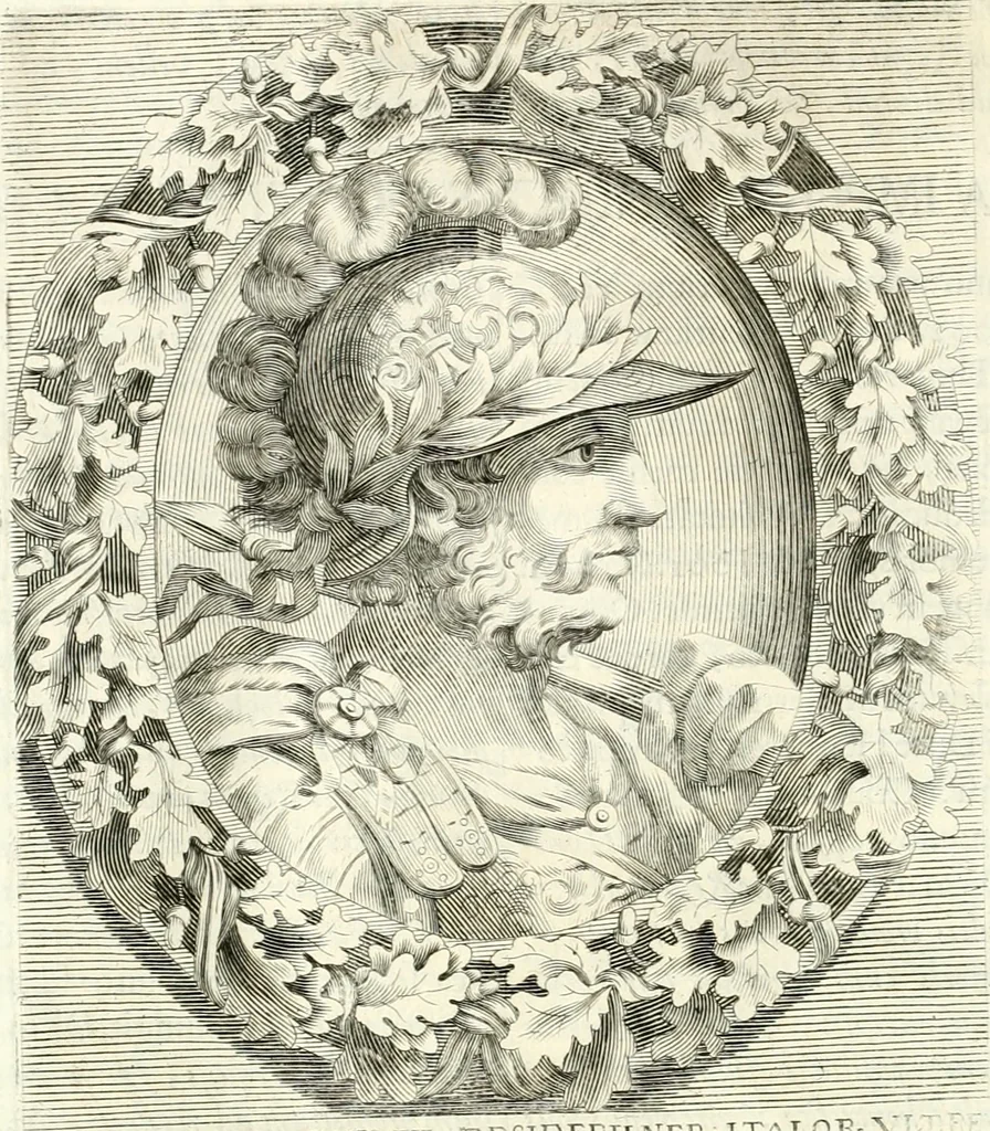 An illustration from Aquila sancta, siue Bauarica : elogiis, hieroglyphicis, numismatibus, insignibus, symbolis, imaginibus antiquis ad viuum exculpta, & longa historiarum serie exarata : vt nihil relictum sit, quod prisci, vel hodierni habeant annales, sed diplomata, leges, indulta, genealogiae, donationes, priuilegia offeruntur congesta : accedit tractatus sacrolegalis, & historicopoliticus ..., 1674, leaf 21