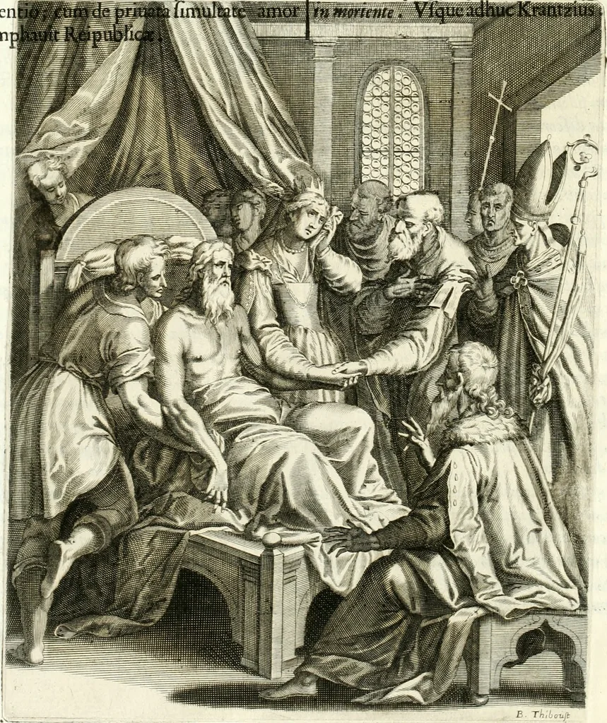 An illustration from Aquila sancta, siue Bauarica : elogiis, hieroglyphicis, numismatibus, insignibus, symbolis, imaginibus antiquis ad viuum exculpta, & longa historiarum serie exarata : vt nihil relictum sit, quod prisci, vel hodierni habeant annales, sed diplomata, leges, indulta, genealogiae, donationes, priuilegia offeruntur congesta : accedit tractatus sacrolegalis, & historicopoliticus ..., 1674, leaf 61