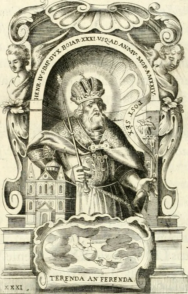 An illustration from Aquila sancta, siue Bauarica : elogiis, hieroglyphicis, numismatibus, insignibus, symbolis, imaginibus antiquis ad viuum exculpta, & longa historiarum serie exarata : vt nihil relictum sit, quod prisci, vel hodierni habeant annales, sed diplomata, leges, indulta, genealogiae, donationes, priuilegia offeruntur congesta : accedit tractatus sacrolegalis, & historicopoliticus ..., 1674, leaf 63