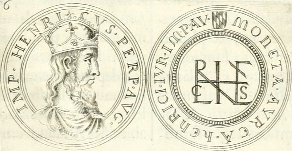 An illustration from Aquila sancta, siue Bauarica : elogiis, hieroglyphicis, numismatibus, insignibus, symbolis, imaginibus antiquis ad viuum exculpta, & longa historiarum serie exarata : vt nihil relictum sit, quod prisci, vel hodierni habeant annales, sed diplomata, leges, indulta, genealogiae, donationes, priuilegia offeruntur congesta : accedit tractatus sacrolegalis, & historicopoliticus ..., 1674, leaf 64