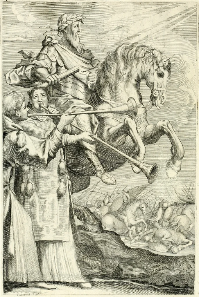 An illustration from Aquila sancta, siue Bauarica : elogiis, hieroglyphicis, numismatibus, insignibus, symbolis, imaginibus antiquis ad viuum exculpta, & longa historiarum serie exarata : vt nihil relictum sit, quod prisci, vel hodierni habeant annales, sed diplomata, leges, indulta, genealogiae, donationes, priuilegia offeruntur congesta : accedit tractatus sacrolegalis, & historicopoliticus ..., 1674, leaf 9