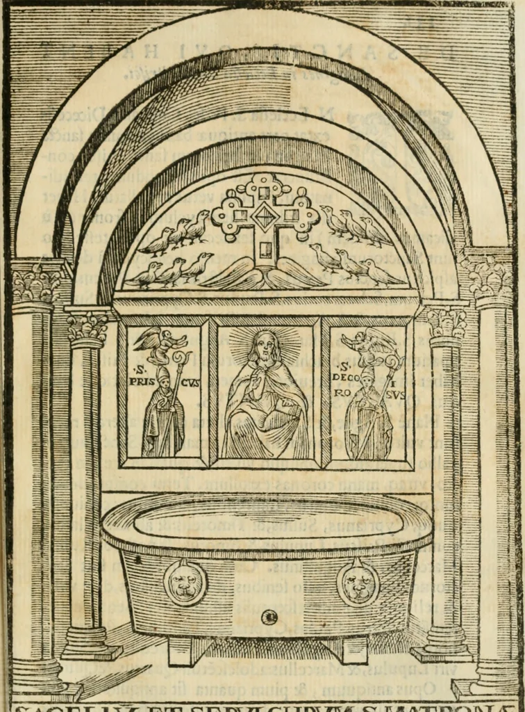 An illustration from Sanctuarium Capuanum : opus in quo sacrae res Capuae, et per occasionem plura, tam ad diversas civitates regni pertinentia, quàm per se curiosa continentur, 1630, leaf 180