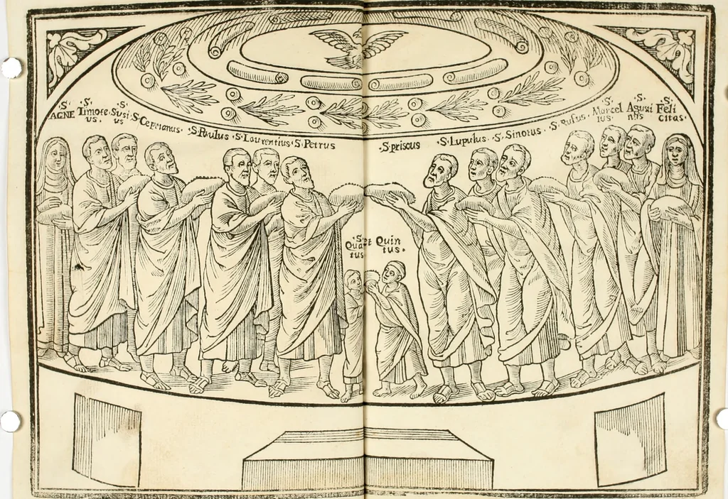 An illustration from Sanctuarium Capuanum : opus in quo sacrae res Capuae, et per occasionem plura, tam ad diversas civitates regni pertinentia, quàm per se curiosa continentur, 1630, leaf 183