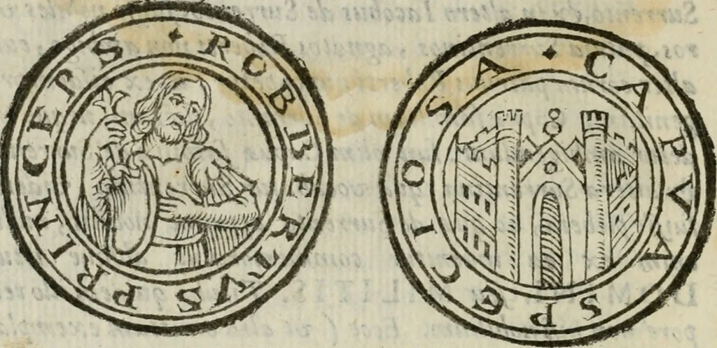 An illustration from Sanctuarium Capuanum : opus in quo sacrae res Capuae, et per occasionem plura, tam ad diversas civitates regni pertinentia, quàm per se curiosa continentur, 1630, leaf 721