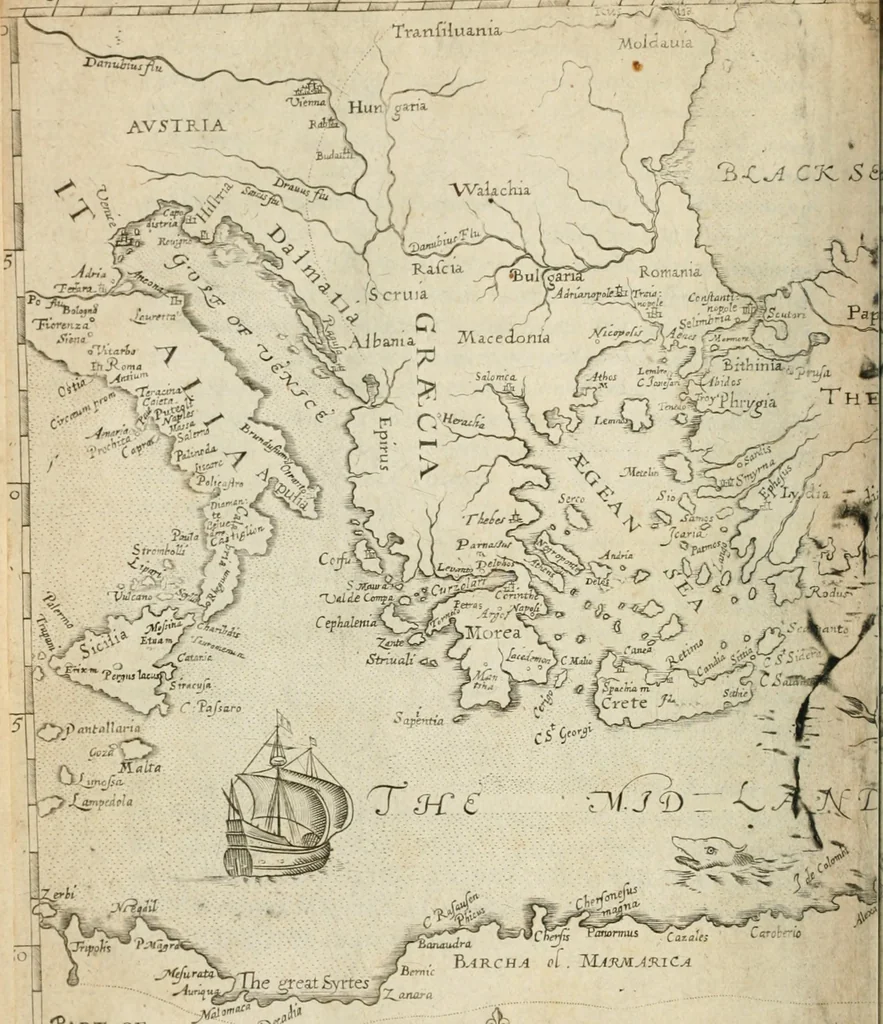 An illustration from Sandys Travels: containing an history of the original and present state of the Turkish empire ... the Mahometan religion and ceremonies. A description of Constantinople ... also, of Greece ... Of Ægypt ... A description of the Holy-Land ... Lastly, Italy described, and the islands adjoining. Illustrated with fifty graven maps and figures, 1673, leaf 15