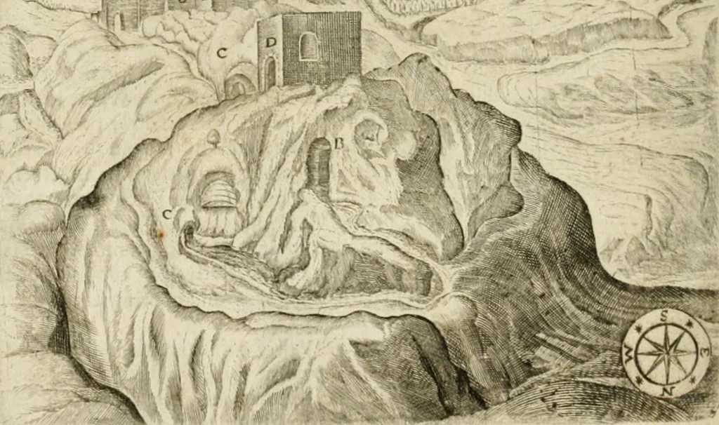 An illustration from Sandys Travels: containing an history of the original and present state of the Turkish empire ... the Mahometan religion and ceremonies. A description of Constantinople ... also, of Greece ... Of Ægypt ... A description of the Holy-Land ... Lastly, Italy described, and the islands adjoining. Illustrated with fifty graven maps and figures, 1673, leaf 159