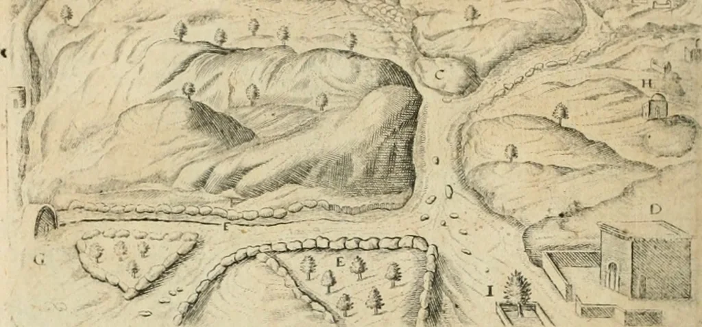 An illustration from Sandys Travels: containing an history of the original and present state of the Turkish empire ... the Mahometan religion and ceremonies. A description of Constantinople ... also, of Greece ... Of Ægypt ... A description of the Holy-Land ... Lastly, Italy described, and the islands adjoining. Illustrated with fifty graven maps and figures, 1673, leaf 165
