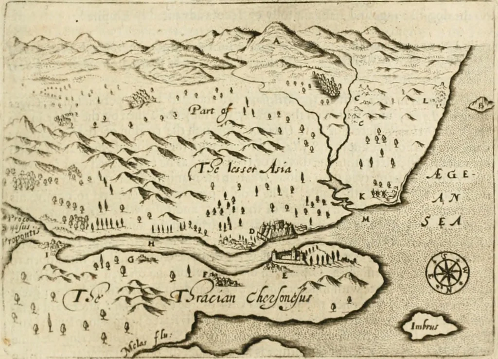 An illustration from Sandys Travels: containing an history of the original and present state of the Turkish empire ... the Mahometan religion and ceremonies. A description of Constantinople ... also, of Greece ... Of Ægypt ... A description of the Holy-Land ... Lastly, Italy described, and the islands adjoining. Illustrated with fifty graven maps and figures, 1673, leaf 36