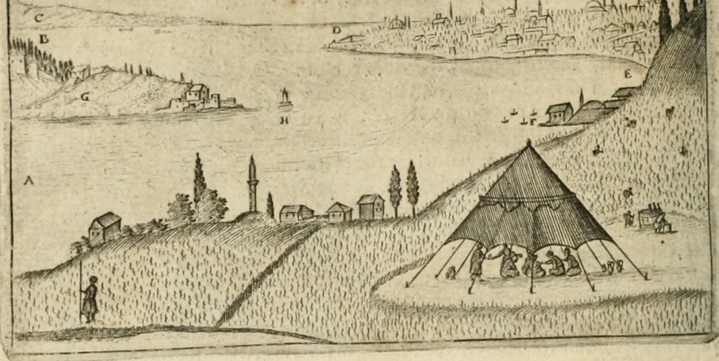 An illustration from Sandys Travels: containing an history of the original and present state of the Turkish empire ... the Mahometan religion and ceremonies. A description of Constantinople ... also, of Greece ... Of Ægypt ... A description of the Holy-Land ... Lastly, Italy described, and the islands adjoining. Illustrated with fifty graven maps and figures, 1673, leaf 41