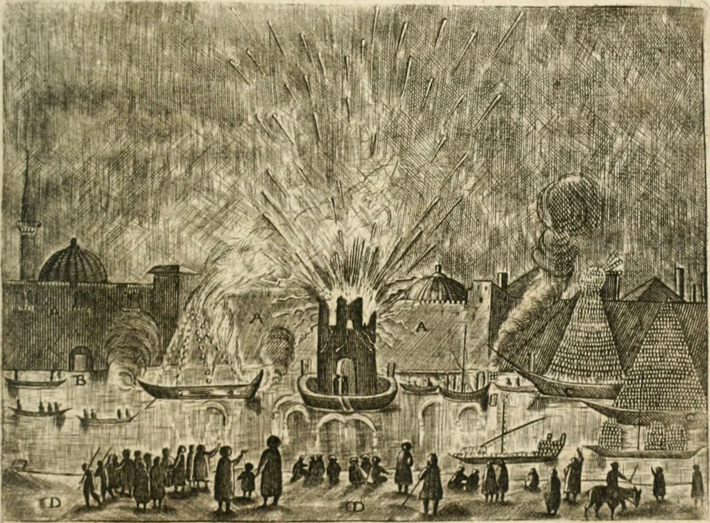 An illustration from Sandys Travels: containing an history of the original and present state of the Turkish empire ... the Mahometan religion and ceremonies. A description of Constantinople ... also, of Greece ... Of Ægypt ... A description of the Holy-Land ... Lastly, Italy described, and the islands adjoining. Illustrated with fifty graven maps and figures, 1673, leaf 92