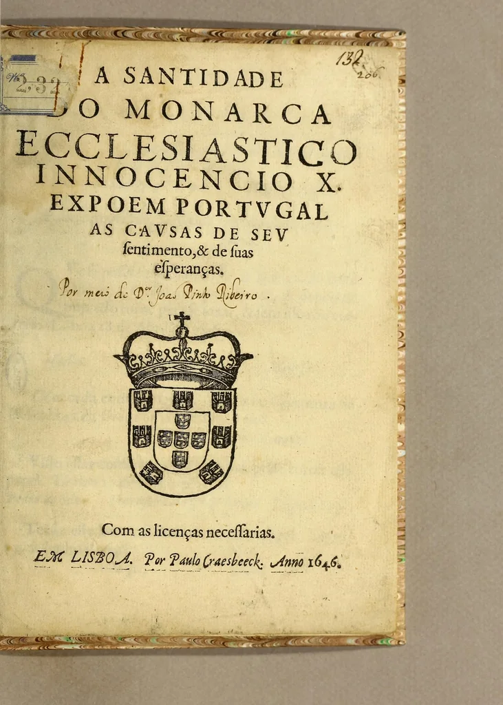 An illustration from A santidade do monarca ecclesiastico Innocencio X. expoem Portugal as causas de seu sentimento, & de suas esperanças, 1646, leaf 5