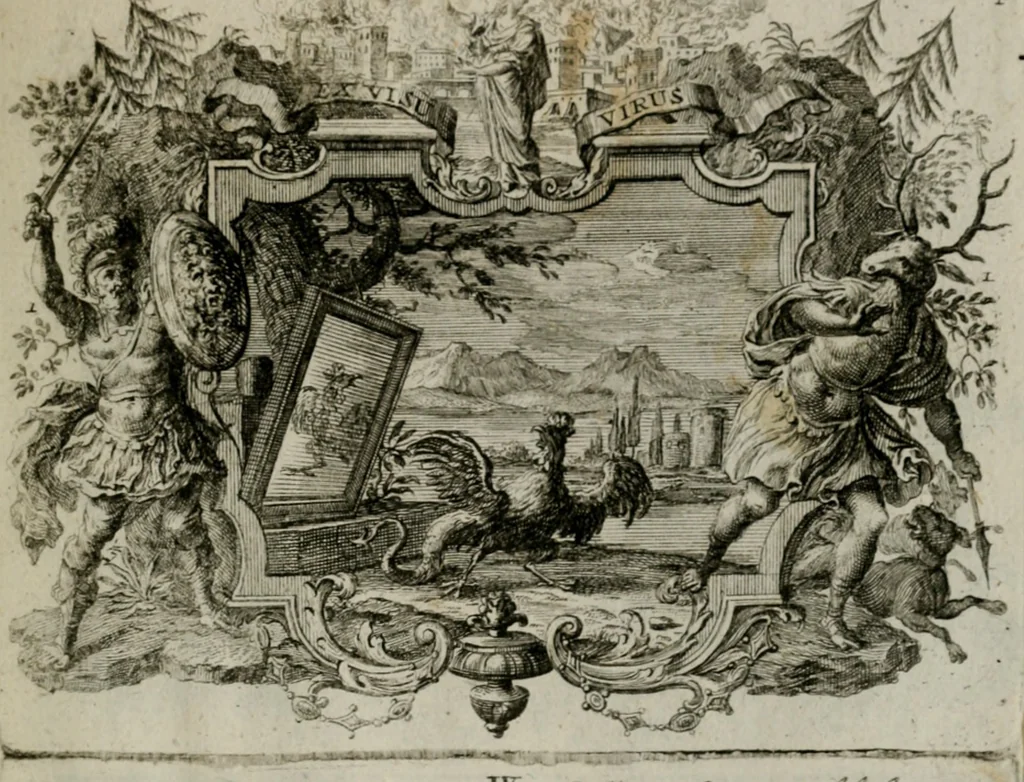 An illustration from Sapientiae symbolica : XIIII. emblematibus prudentiae morumque praecepta, explicans virutis commendationi dicata = Emblematische Weissheits-Regeln : in XIIII. Sinnbildern zur Erweckung der Liebe zur Tugend vorgestellet, 1720, leaf 12