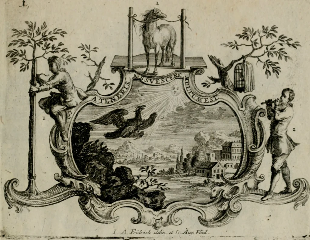 An illustration from Sapientiae symbolica : XIIII. emblematibus prudentiae morumque praecepta, explicans virutis commendationi dicata = Emblematische Weissheits-Regeln : in XIIII. Sinnbildern zur Erweckung der Liebe zur Tugend vorgestellet, 1720, leaf 6