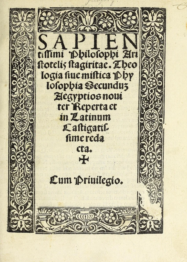 An illustration from Sapientissimi philosophi Aristotelis Stagiritae Theologia, siue, Mistica phylosophia secundu[m] Aegyptios nouiter reperta et in latinum castigatissime redacta, 1519, leaf 5