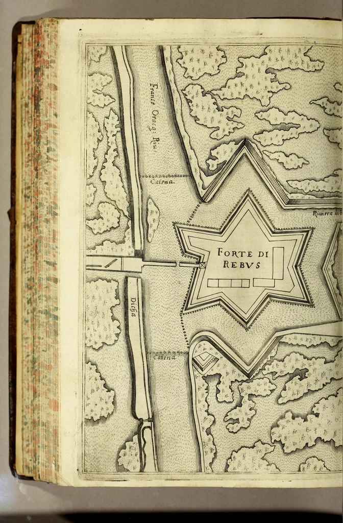 An illustration from Schau-Platz dess Niederlandes oder: Es sey die Beschreibung der siebenzehen Provincien desselben, : mit beygefügten Grundrissen der Städt und vornehmen Vestungen, von wem sie de facto besessen, wie, auff was Weiss, vnd zu welcher Zeit sie erworben Worden., 1673, leaf 274