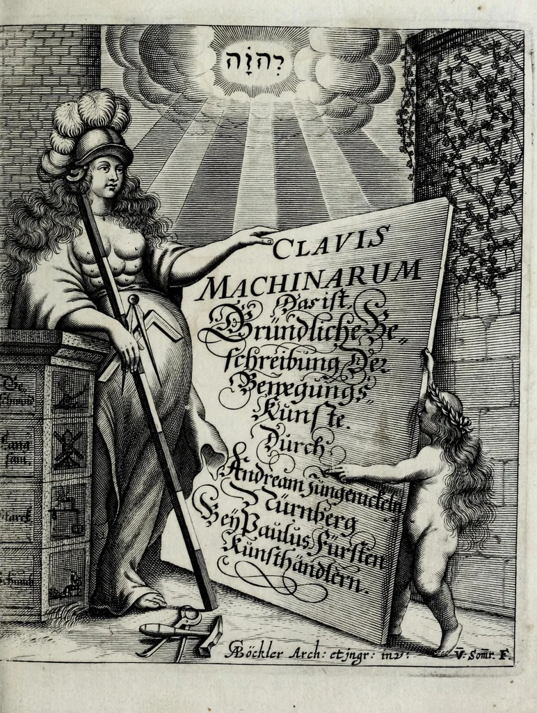 An illustration from Schlüssel zur Mechanica, das ist, Gründliche Beschreibung der vier HauptInstrumenten der Machination : als dess Hebels, Betriebs, Schrauben, Kloben : in einem Gespräch zwischen einem Ingenier und Mechanico, 1661, leaf 5