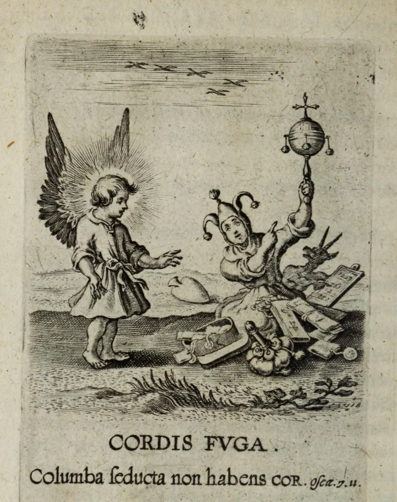 An illustration from Schola cordis, sive, Aversià Deo Cordis ad eumdem reductio, et instructio, 1699, leaf 128