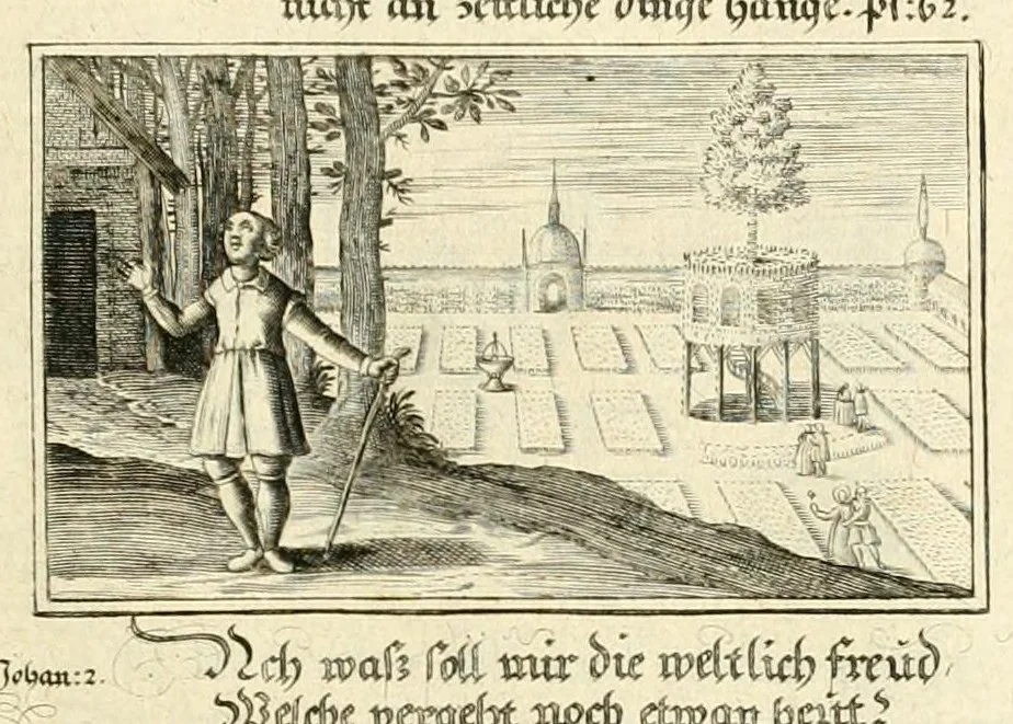 An illustration from Schöne ausserlesene sin[n]reiche Figuren auch Gleichnussen Erkläringen Gebettlein vnd hohe Lehr[n] : zum Theil auss heiliger Schrifft wie auch zum Theil auss der alten Christlichen Kirchen Lehrer[n] Schrifften gezogen vnd in Teutsche Reimen verfasst, leaf 29