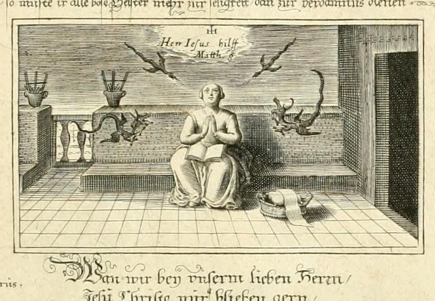 An illustration from Schöne ausserlesene sin[n]reiche Figuren auch Gleichnussen Erkläringen Gebettlein vnd hohe Lehr[n] : zum Theil auss heiliger Schrifft wie auch zum Theil auss der alten Christlichen Kirchen Lehrer[n] Schrifften gezogen vnd in Teutsche Reimen verfasst, leaf 5