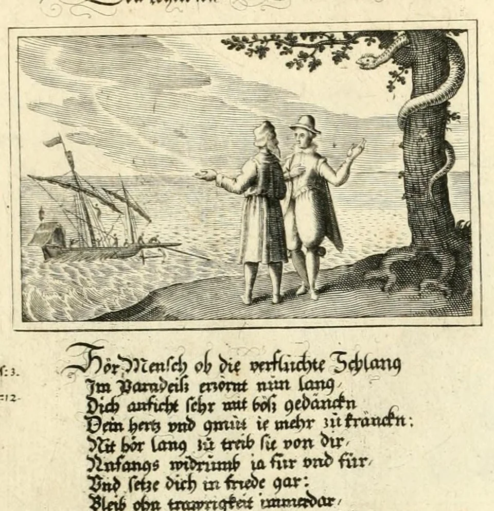 An illustration from Schöne ausserlesene sin[n]reiche Figuren auch Gleichnussen Erkläringen Gebettlein vnd hohe Lehr[n] : zum Theil auss heiliger Schrifft wie auch zum Theil auss der alten Christlichen Kirchen Lehrer[n] Schrifften gezogen vnd in Teutsche Reimen verfasst, leaf 51