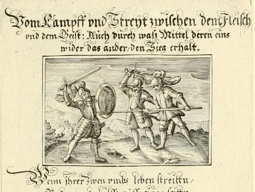An illustration from Schöne ausserlesene sin[n]reiche Figuren auch Gleichnussen Erkläringen Gebettlein vnd hohe Lehr[n] : zum Theil auss heiliger Schrifft wie auch zum Theil auss der alten Christlichen Kirchen Lehrer[n] Schrifften gezogen vnd in Teutsche Reimen verfasst, leaf 55