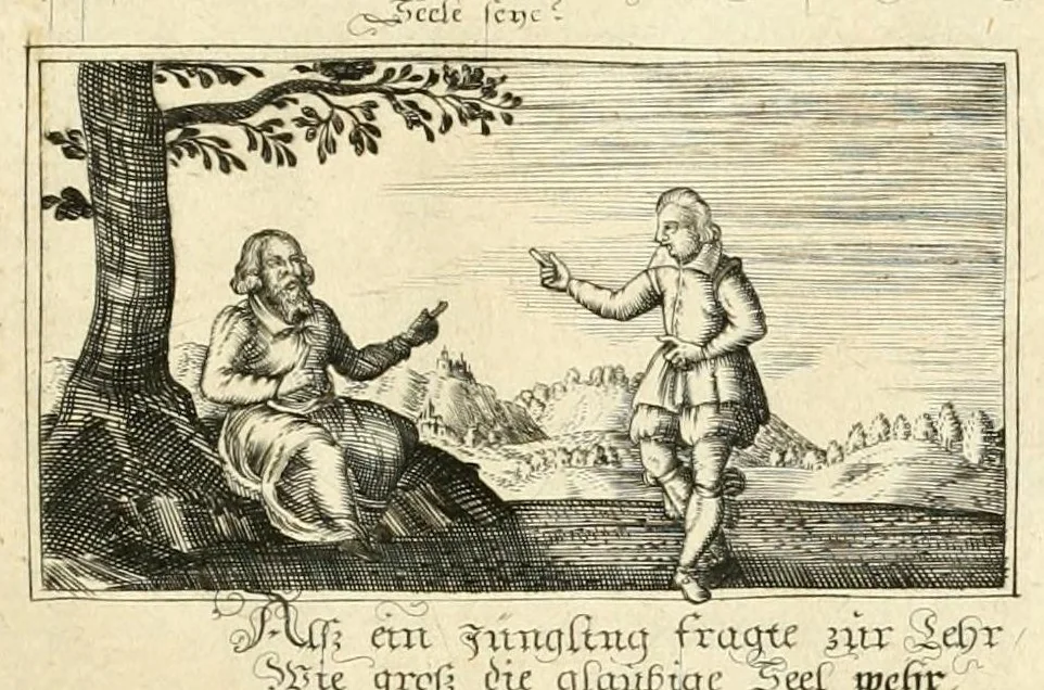 An illustration from Schöne ausserlesene sin[n]reiche Figuren auch Gleichnussen Erkläringen Gebettlein vnd hohe Lehr[n] : zum Theil auss heiliger Schrifft wie auch zum Theil auss der alten Christlichen Kirchen Lehrer[n] Schrifften gezogen vnd in Teutsche Reimen verfasst, leaf 79