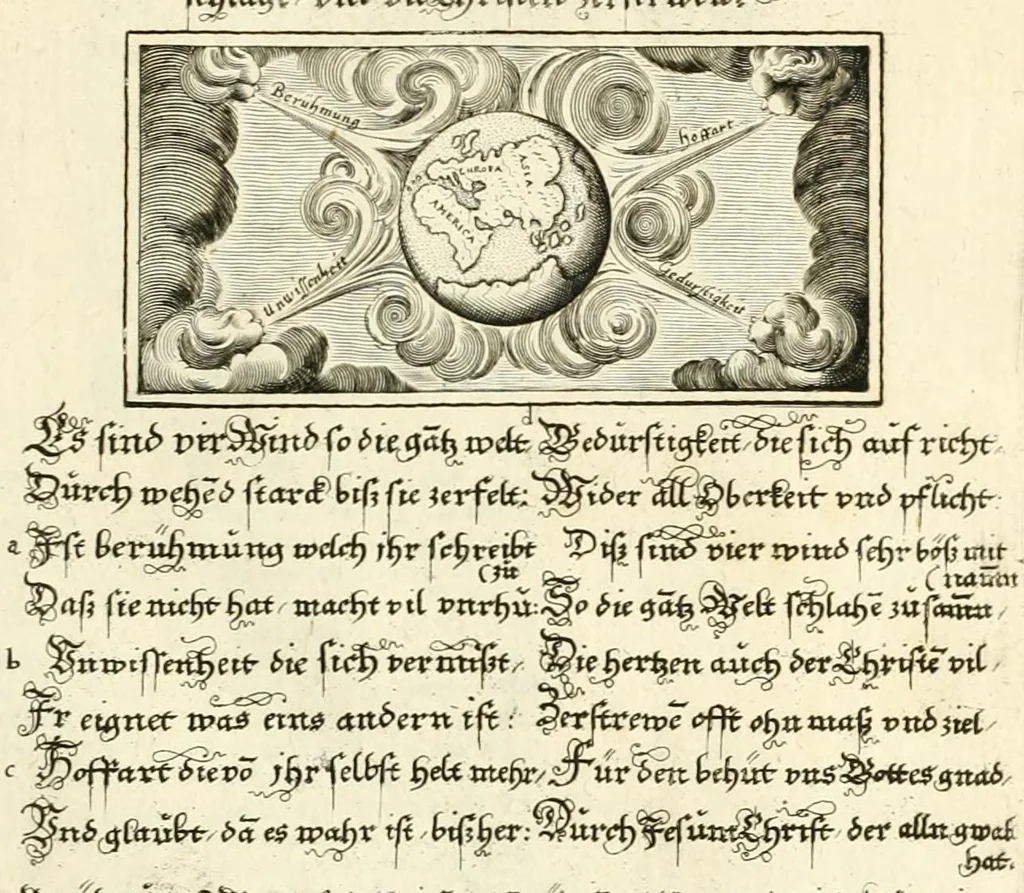 An illustration from Schöne ausserlesene sin[n]reiche Figuren auch Gleichnussen Erkläringen Gebettlein vnd hohe Lehr[n] : zum Theil auss heiliger Schrifft wie auch zum Theil auss der alten Christlichen Kirchen Lehrer[n] Schrifften gezogen vnd in Teutsche Reimen verfasst, leaf 9