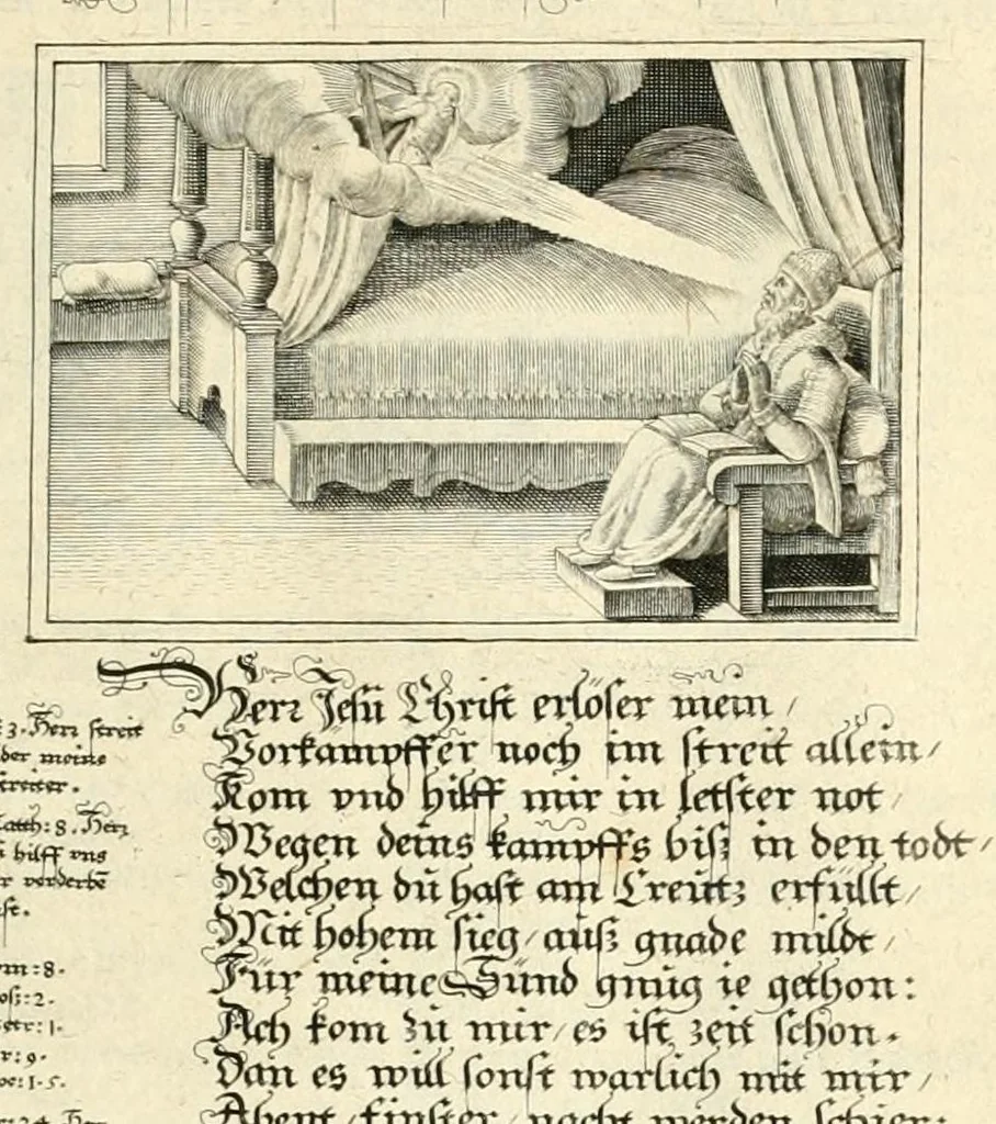 An illustration from Schöne ausserlesene sin[n]reiche Figuren auch Gleichnussen Erkläringen Gebettlein vnd hohe Lehr[n] : zum Theil auss heiliger Schrifft wie auch zum Theil auss der alten Christlichen Kirchen Lehrer[n] Schrifften gezogen vnd in Teutsche Reimen verfasst, leaf 95