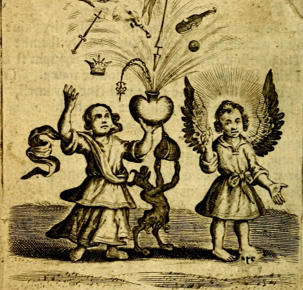An illustration from The school of the heart; or, The heart of it self gone away from God brought back again to him, and instructed by him. In 47. emblems, 1676, leaf 25