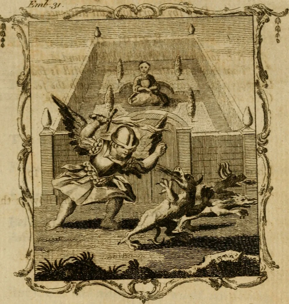 An illustration from The school of the heart, or, The heart (of itself gone away from God) brought back again to Him, and instructed by Him : in forty-seven emblems, 1778, leaf 172