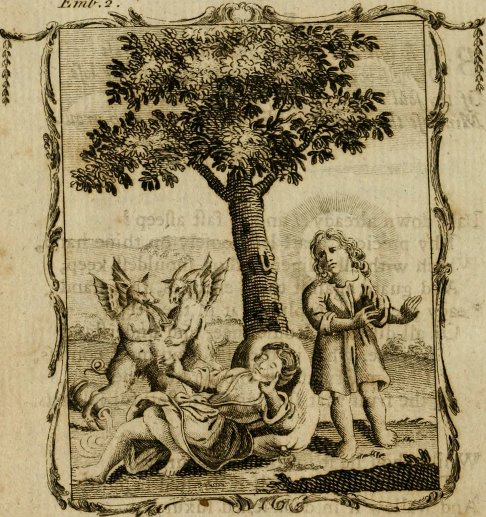 An illustration from The school of the heart, or, The heart (of itself gone away from God) brought back again to Him, and instructed by Him : in forty-seven emblems, 1778, leaf 27
