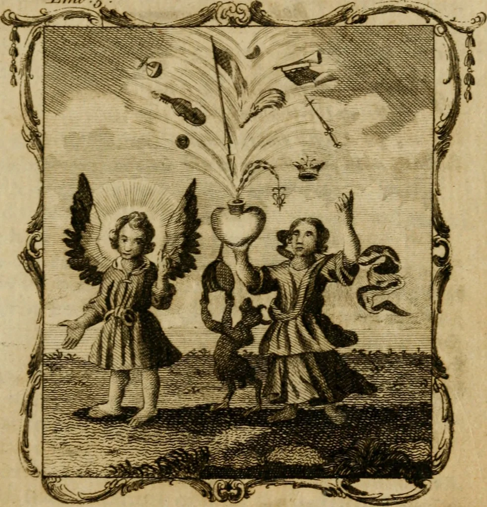 An illustration from The school of the heart, or, The heart (of itself gone away from God) brought back again to Him, and instructed by Him : in forty-seven emblems, 1778, leaf 42