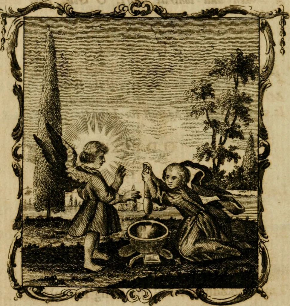An illustration from The school of the heart, or, The heart (of itself gone away from God) brought back again to Him, and instructed by Him : in forty-seven emblems, 1778, leaf 87