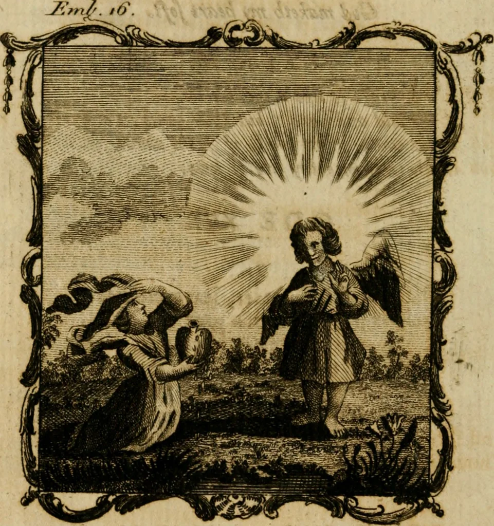 An illustration from The school of the heart, or, The heart (of itself gone away from God) brought back again to Him, and instructed by Him : in forty-seven emblems, 1778, leaf 97