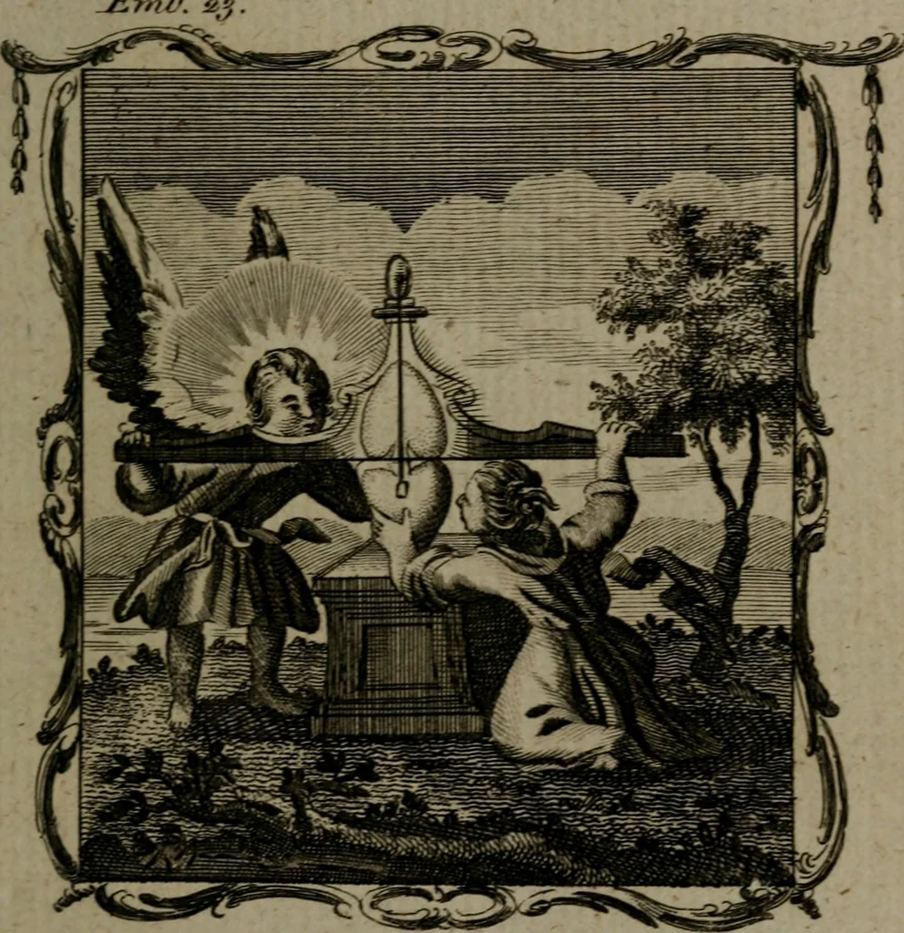 An illustration from The school of the heart, or, The heart (of itself gone away from God) brought back again to Him, and instructed by Him : in forty-seven emblems, 1778, leaf 128
