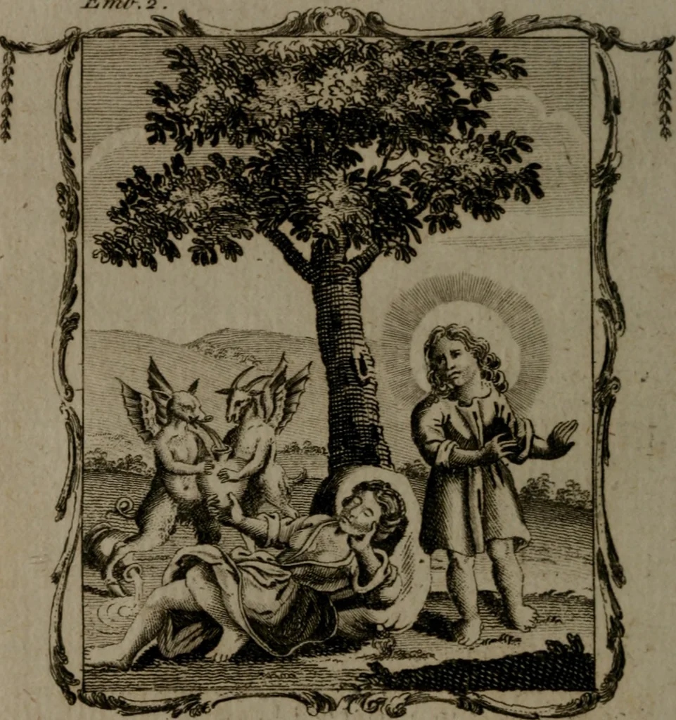 An illustration from The school of the heart, or, The heart (of itself gone away from God) brought back again to Him, and instructed by Him : in forty-seven emblems, 1778, leaf 27