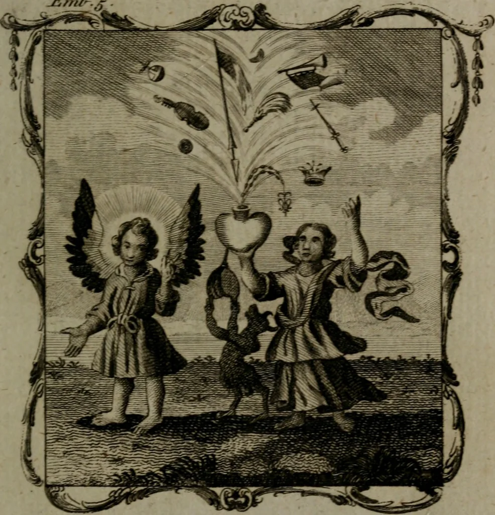 An illustration from The school of the heart, or, The heart (of itself gone away from God) brought back again to Him, and instructed by Him : in forty-seven emblems, 1778, leaf 42