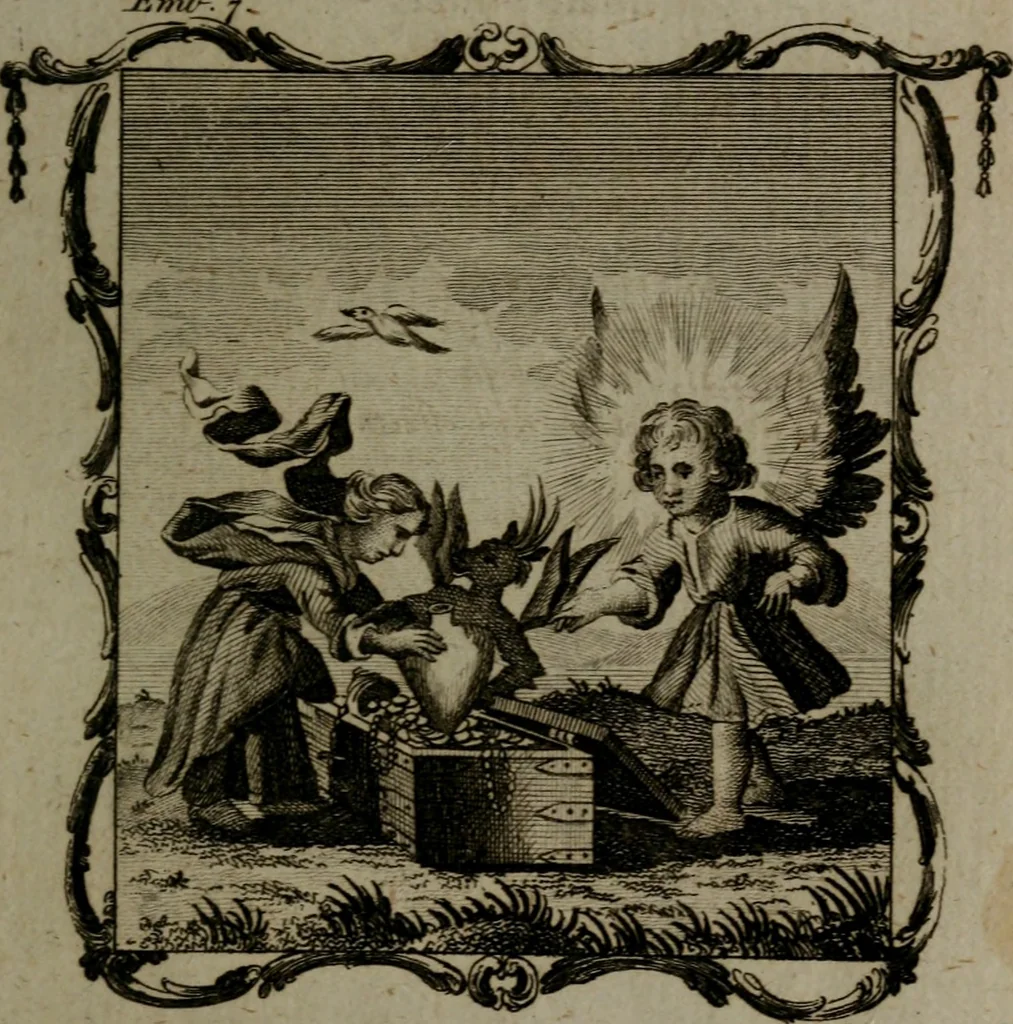 An illustration from The school of the heart, or, The heart (of itself gone away from God) brought back again to Him, and instructed by Him : in forty-seven emblems, 1778, leaf 52