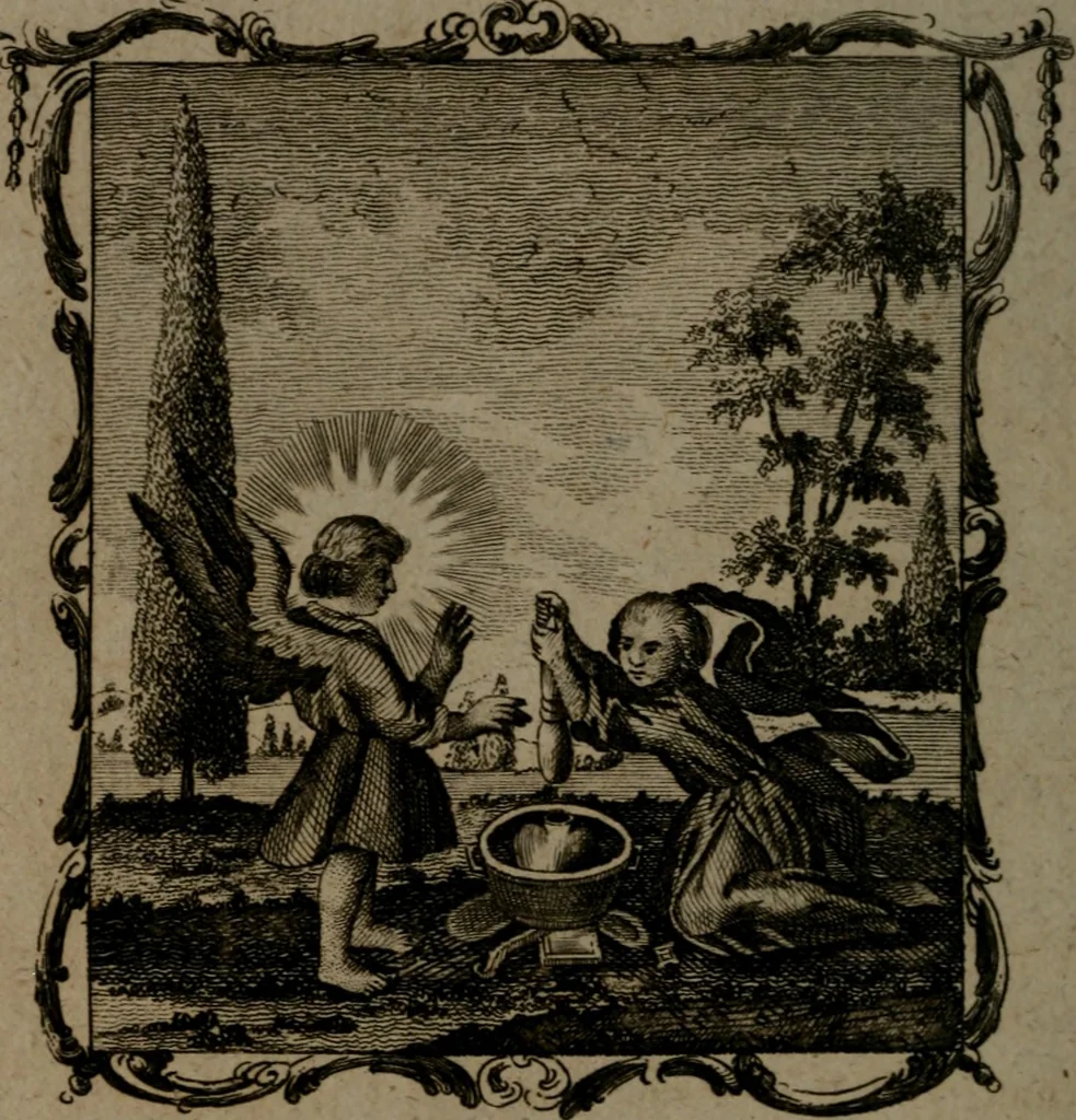 An illustration from The school of the heart, or, The heart (of itself gone away from God) brought back again to Him, and instructed by Him : in forty-seven emblems, 1778, leaf 83