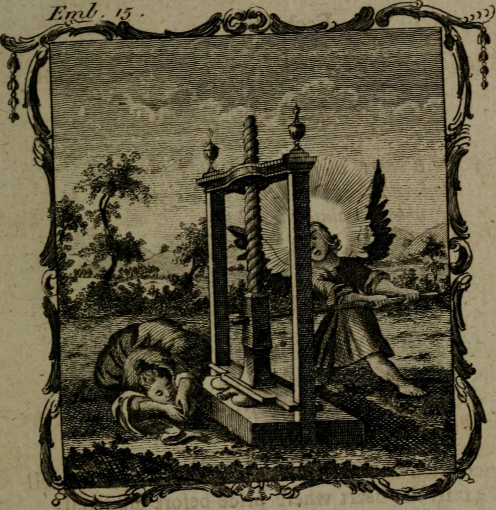 An illustration from The school of the heart, or, The heart (of itself gone away from God) brought back again to Him, and instructed by Him : in forty-seven emblems, 1778, leaf 88