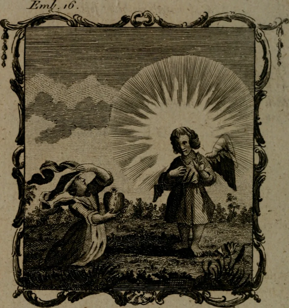 An illustration from The school of the heart, or, The heart (of itself gone away from God) brought back again to Him, and instructed by Him : in forty-seven emblems, 1778, leaf 93