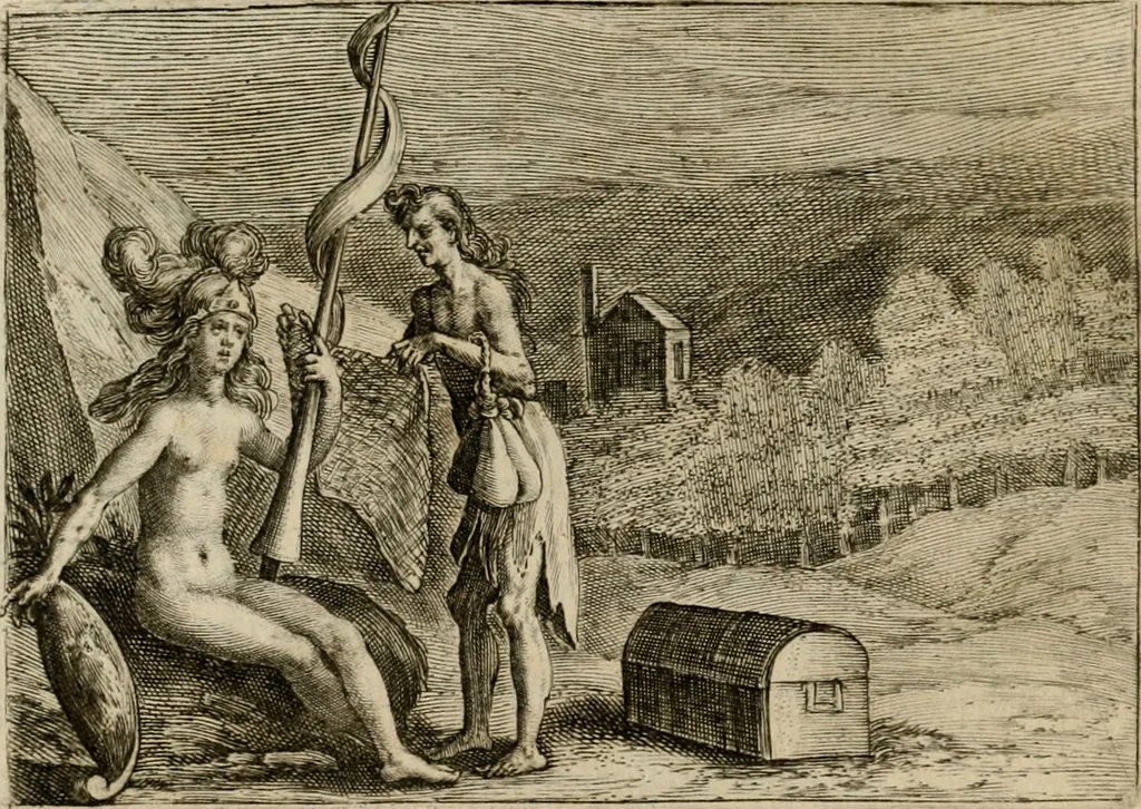 An illustration from Emblemata Florentii Schoonhovii I.C. Goudani, partim moralia, partim etiam civilia. Cum latiori eorundem ejusdem auctoris interpretatione. Accedunt et alia quaedam poëmatia in alijs poëmatum suorum libris non contenta, 1618, leaf 127