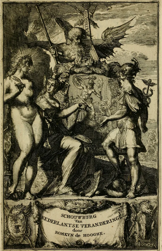 An illustration from Schouburgh der Nederlandse veranderingen : geopent in ses tooneelen, waer op de wisselbeurten des Vereenigde Staets door den Fransen oorlog gebrouwen : in historieele sinnebeelden vertoont en beschreven zijn, 1674, leaf 14