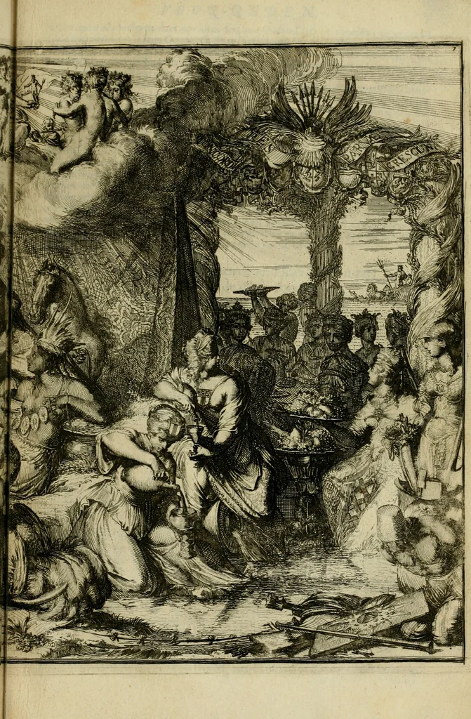 An illustration from Schouburgh der Nederlandse veranderingen : geopent in ses tooneelen, waer op de wisselbeurten des Vereenigde Staets door den Fransen oorlog gebrouwen : in historieele sinnebeelden vertoont en beschreven zijn, 1674, leaf 24