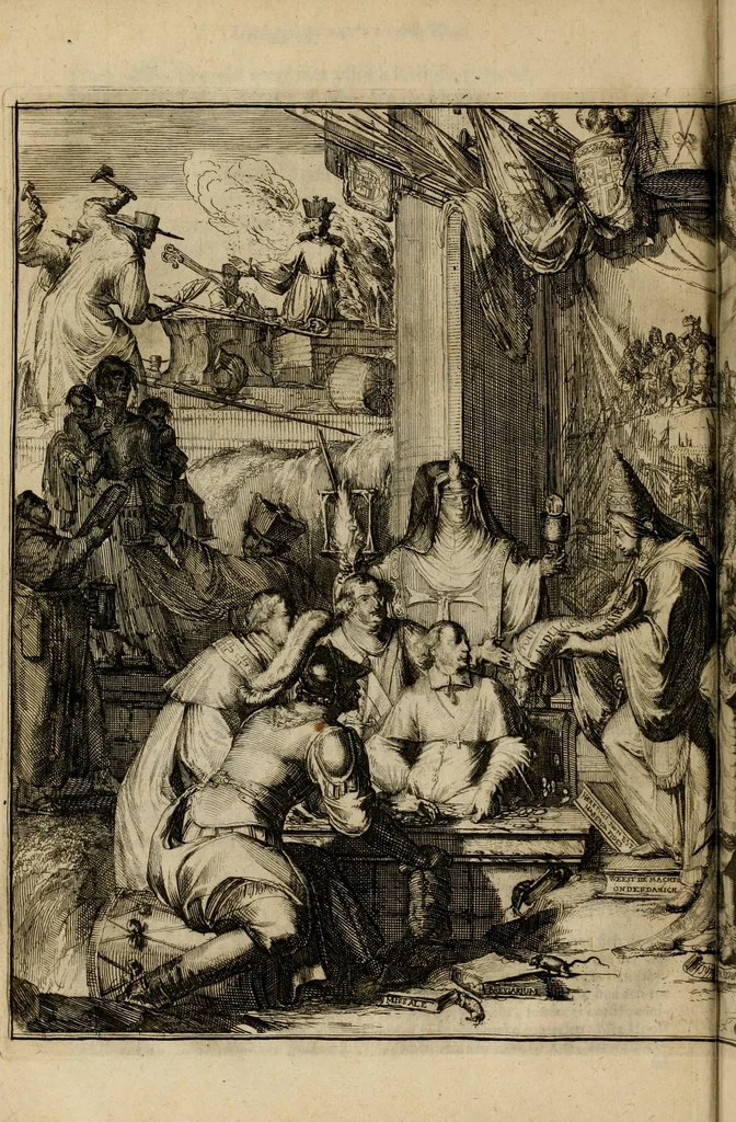 An illustration from Schouburgh der Nederlandse veranderingen : geopent in ses tooneelen, waer op de wisselbeurten des Vereenigde Staets door den Fransen oorlog gebrouwen : in historieele sinnebeelden vertoont en beschreven zijn, 1674, leaf 33