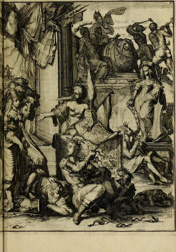 An illustration from Schouburgh der Nederlandse veranderingen : geopent in ses tooneelen, waer op de wisselbeurten des Vereenigde Staets door den Fransen oorlog gebrouwen : in historieele sinnebeelden vertoont en beschreven zijn, 1674, leaf 34