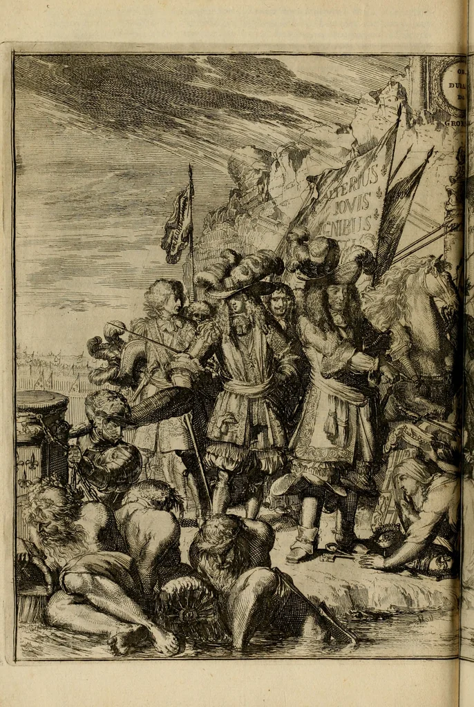 An illustration from Schouburgh der Nederlandse veranderingen : geopent in ses tooneelen, waer op de wisselbeurten des Vereenigde Staets door den Fransen oorlog gebrouwen : in historieele sinnebeelden vertoont en beschreven zijn, 1674, leaf 41